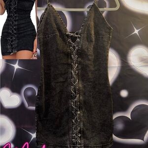 Black Denim Lace-Up Dress